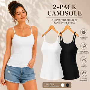 【2 Pack】Womens Cami Tank Tops Soft Breathable Stretch Camisole Basic Sleeveless Layering Tops Lightweight Fitted Spaghetti Strap Undershirts Casual Summer Everyday Essential Tanks for Women Black White Cotton Blend S-XXL