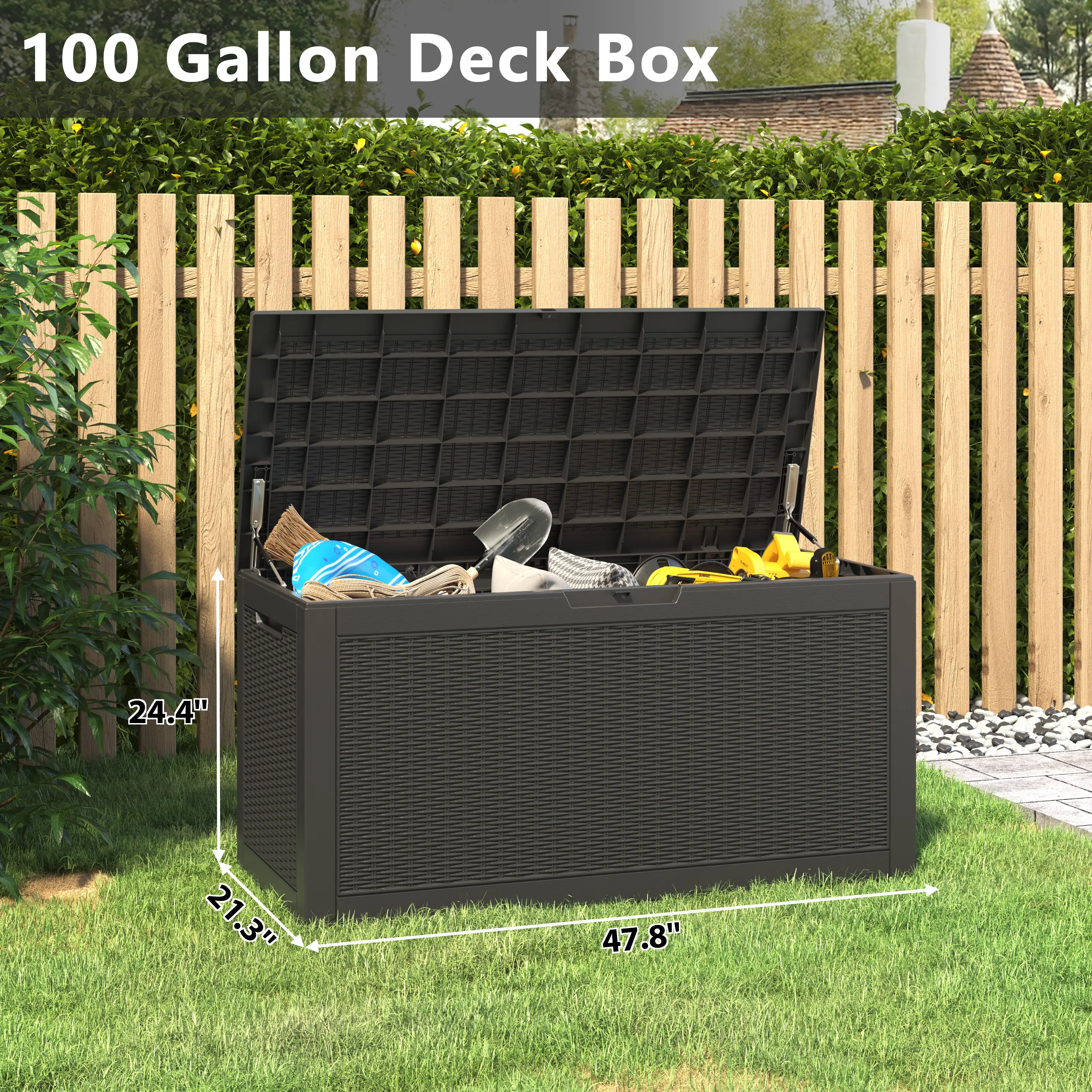 100 Gallon Outdoor Storage Box, Outdoor Storage Box with Locking Design,  Waterproof, UV Resistant,Convenient to Organize, Ideal for Outdoor Pool, Garden, Deck and Patio Use,Summervibes