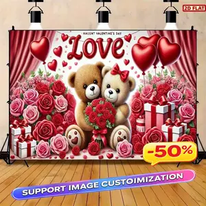 2D Flat Banner, 1pc valentine's teddy bear Backdrop flag - 100% Polyester, romantic red roses & hearts design, no electricity needed, perfect for weddings, birthdays, anniversaries, Christmas, new year, valen