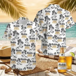 Modelo Beer Hawaiian Shirt Men Women Tropical Palm Tree Print Casual Button Down Beach Vacation Summer Festival Loose Comfortable Streetwear Gift For Beer Lovers