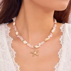 Bohemian Starfish Pendant necklace for Women • Crushed Stone Beaded Necklace •Summer Beach Jewelry Travel Accessory Gift