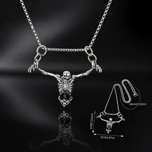 Men's Gothic Skeleton Pendant Necklace - 60cm Stainless Steel Adjustable Length Alternative Emo Jewelry, Punk Rock Biker Skull Chain, Non-Tarnish Waterproof Dark Aesthetic Piece, for Halloween & Gifts (Fits Necklaces for Women), Emo Necklaces