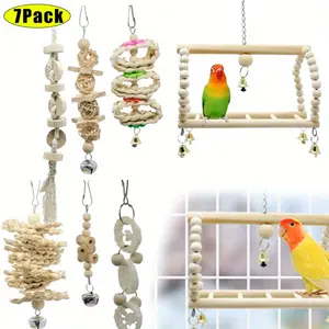 Pack Of 7 Bird Swing Toys - Natural-looking Bird Perches,Swings, Climbers Chewable Ladders - Cage Accessories for Parrots, Cockatiels, Love Birds, Finches - Chew Proof Bird Toys for Mental Stimulation & Exercise