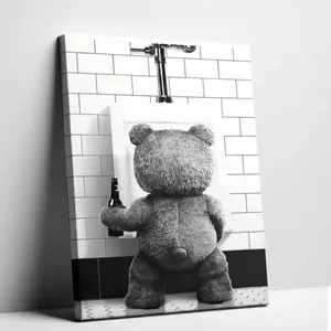 Funny Teddy Bear Bathroom Canvas Wall Art – Black & White Humorous Restroom Poster Plush Bear at Urinal with Beer Bottle Print Perfect Decor for Bathroom