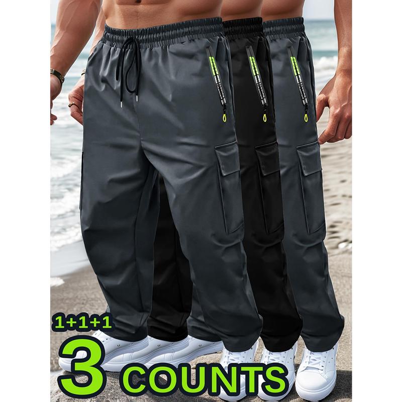 3pcs Men'S Casual Sports Cargo Pants - Drawstring Waist, Men's Sweatpants, Print Zip Pockets, Multiple Pockets, Lightweight for Spring & Summer, Ideal for Outdoor Running & Training, Casual Wear Pants | Cargo Style Pants | Lightweight Fabric