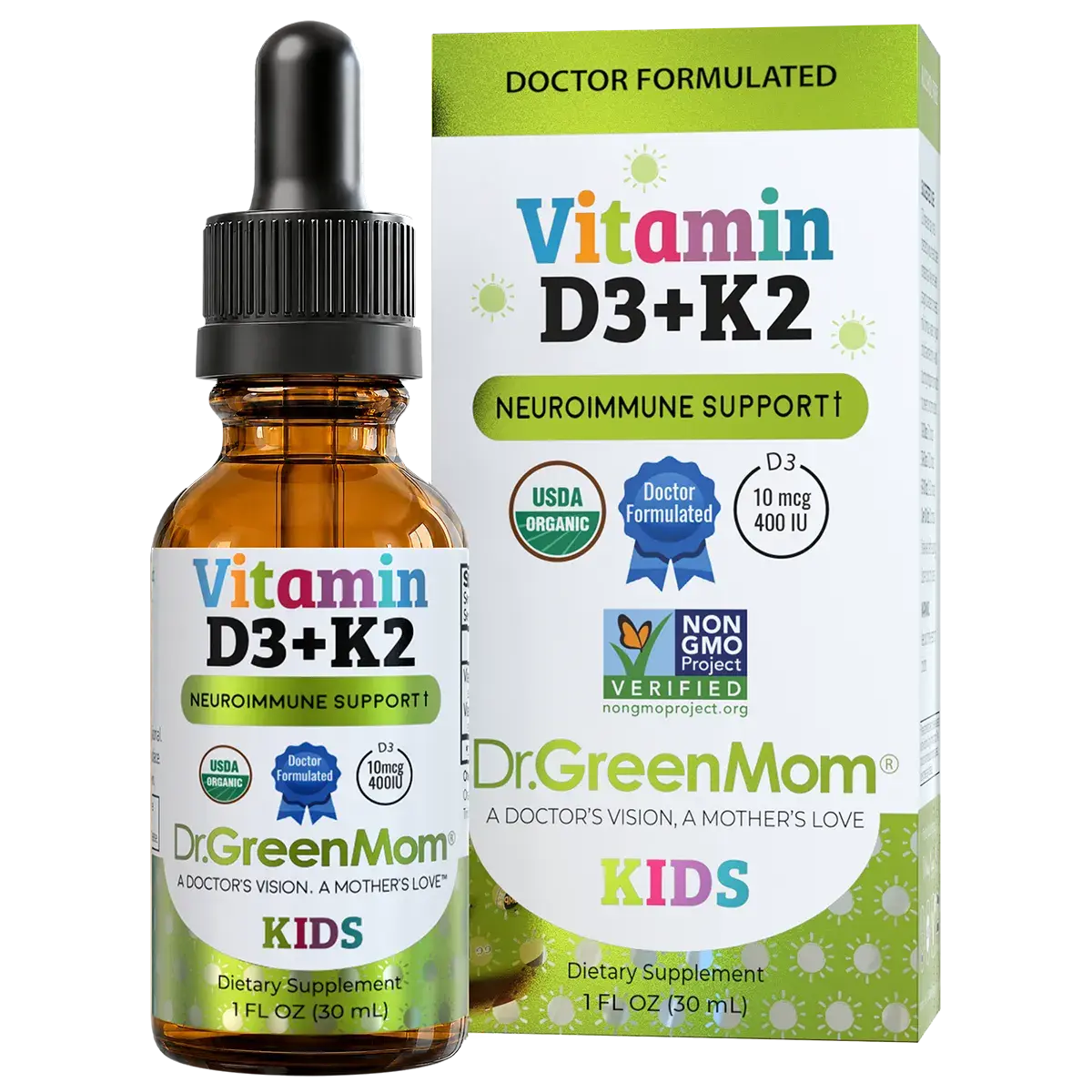 Dr. Green Mom Vitamin D3 + K2 Liquid Drops (400 IU) | Daily Bone Health & Immune Wellness Support | Gentle Formula
