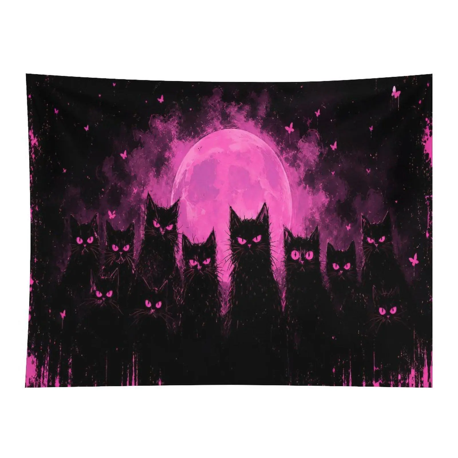 Black Cats Pink Moon Tapestry Gothic Cat Silhouette Wall Hanging, Witchy Butterfly Night Tapestry for Bedroom Decor