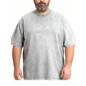 Men's Plus Size "Dad + Me" Footprint Washed T-Shirt, Casual Short Sleeve Crew Neck Tee For New Dad, Father's Day Gift