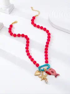 Summer Beach Style Multi-Layer Resin Beaded Necklace, Colorful Fish & Starfish Charms Pendant, Boho Jewelry for Women, Beachy Party Accessory