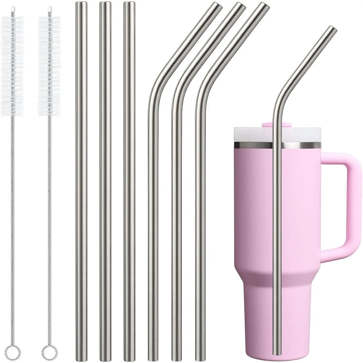 6 Pack Stainless Steel Straw Replacement for  40 oz 30 oz Tumbler,3 Straight + 3 Curved   Metal Straws with Cleaning Brush, 12Inch Long Drinking  Accessories