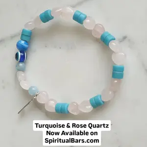 Turquoise & Rose Quartz Bracelet with Protection from Evil Eye Charm SpiritualBands.com