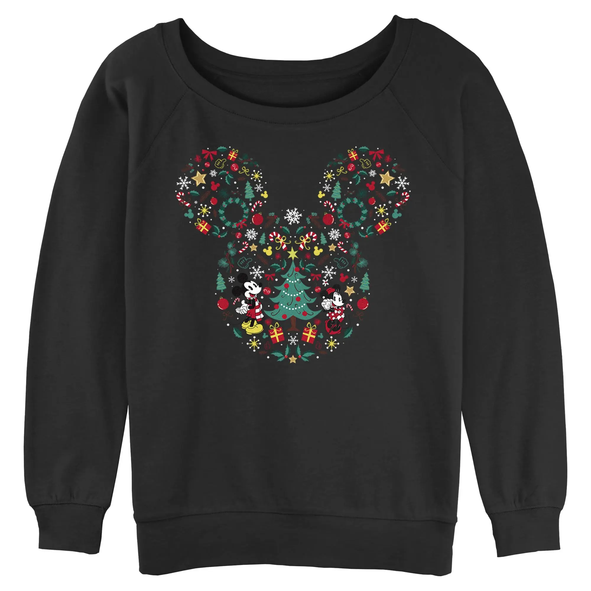 Juniors Womens Mickey & Friends Christmas Wonderland Icon Collage Sweatshirt