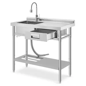 Freestanding Utility Kitchen Sink with Single Bowl, Commercial Stainless Steel Sink Set with Right Drawer and Workbench, Cold &Hot Water Pipe, Adjustable Shelf, for Laundry Farmhouse, 39.5x19.5x38.5"