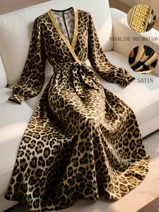 Elegant Leopard Print Long Sleeve Dress, Waist Cinching Belt A-Line Gown, Round Neck Lantern Sleeves, Satin Fabric, Formal Perfect for Work & Evening