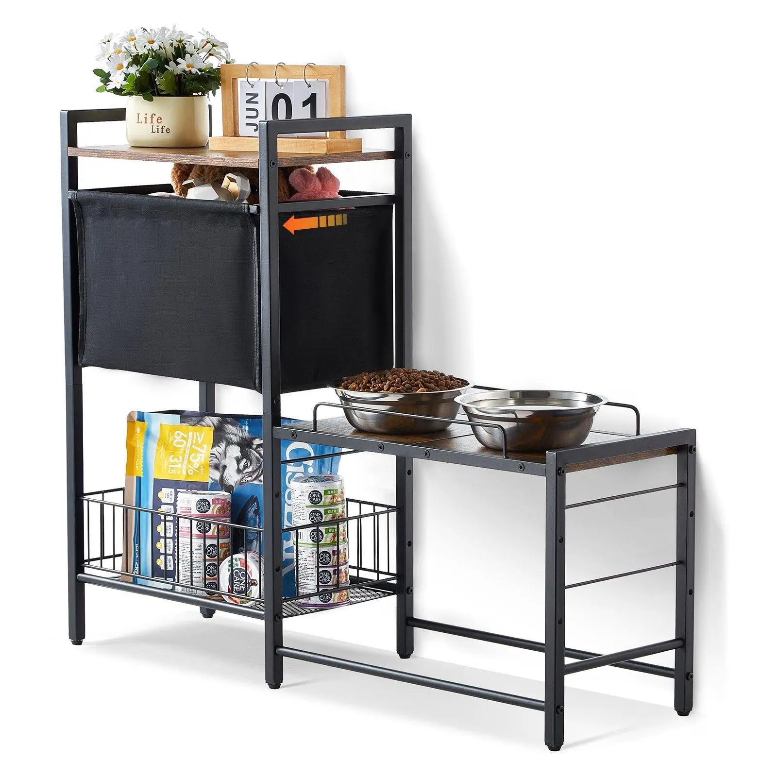 VEVOR Elevated Pet Feeding Bowl Station for Dogs & Cats - Adjustable Height Feeding Stand with Stainless Steel Bowls, Minimalist Storage Shelf, Waterproof Surface, Stable Metal Frame, Elevated Slow Feeder, Reduces Strain (Father's Day Gift), 18.9 X 9.25 I