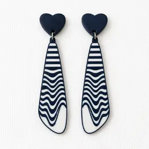 Navy Wave Statement Earrings | Modern Coastal Dangle Earrings | Abstract Stripe Pattern Earrings | Lightweight Geometric Jewelry