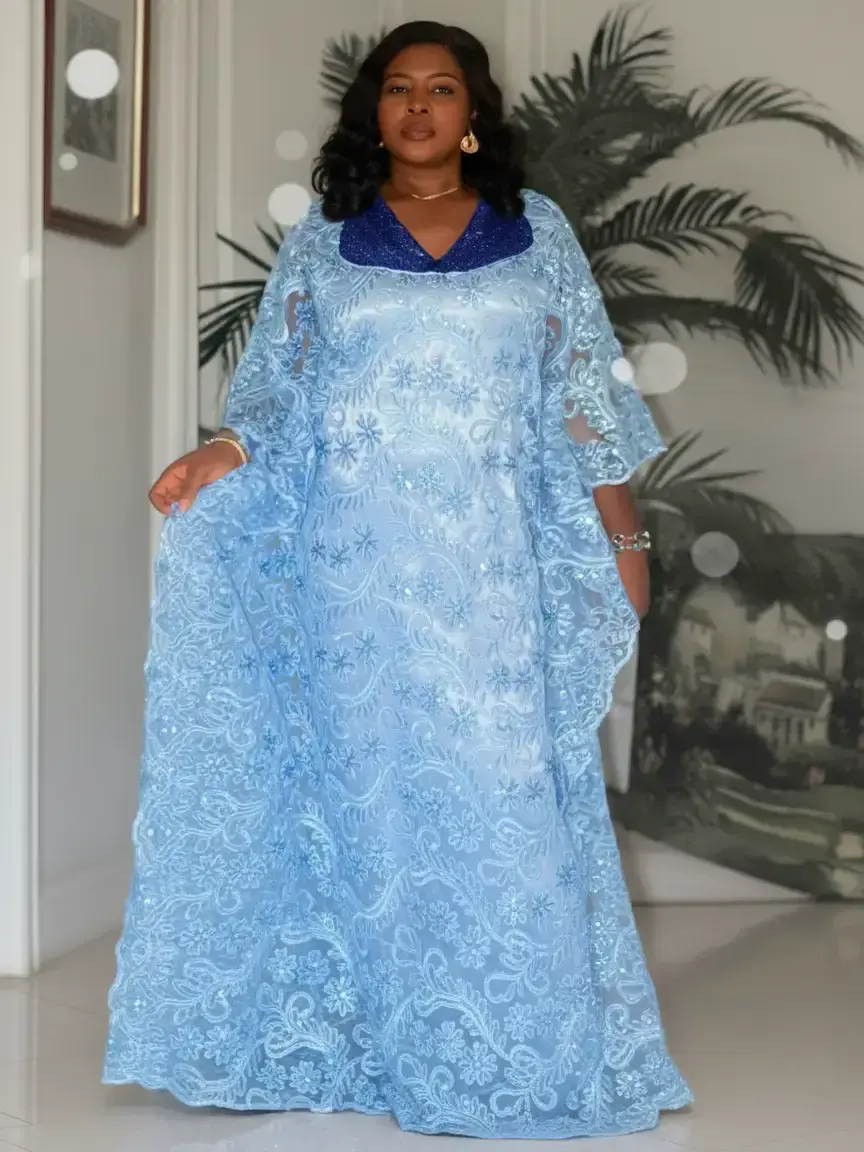 Elegant Boubou Gown with Floral Embroidered Lace, Women's Sparkly Modest African Formal Dress for Weddings