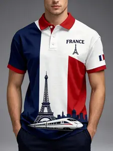 Men's French Flag Eiffel Tower Print Polo Shirt, Blue Colorblock Casual Short Sleeve Top, Paris City Streetwear T-Shirt, Printed Polo Tops