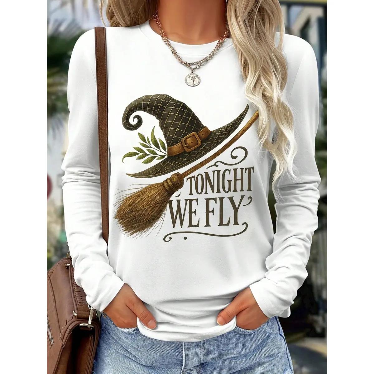 Office to Occult: Women's Witch Hat Long Sleeve Pullover, Cute Printed Top for Work Wear, Halloween Costume Parties & Everyday Magical Style
