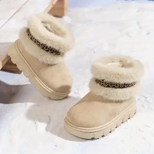 Girls' Winter Snow Boots with -Like Collar & Zipper Closure - Thick Rubber Sole, Warm Beige/ Brown Traction Tread - & Booties for Ice, Snow & /Outdoor Use (Easy Slip-On, Durable Fabric Upper)