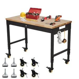 2000 LBS Capacity 48" Adjustable Workbench, Durable Rubber Wood Tabletop, Sturdy Metal Frame, Drawer, Pegboard, Power Outlets and Storage Hooks, Rolling Mobile Design for Home & Workshop