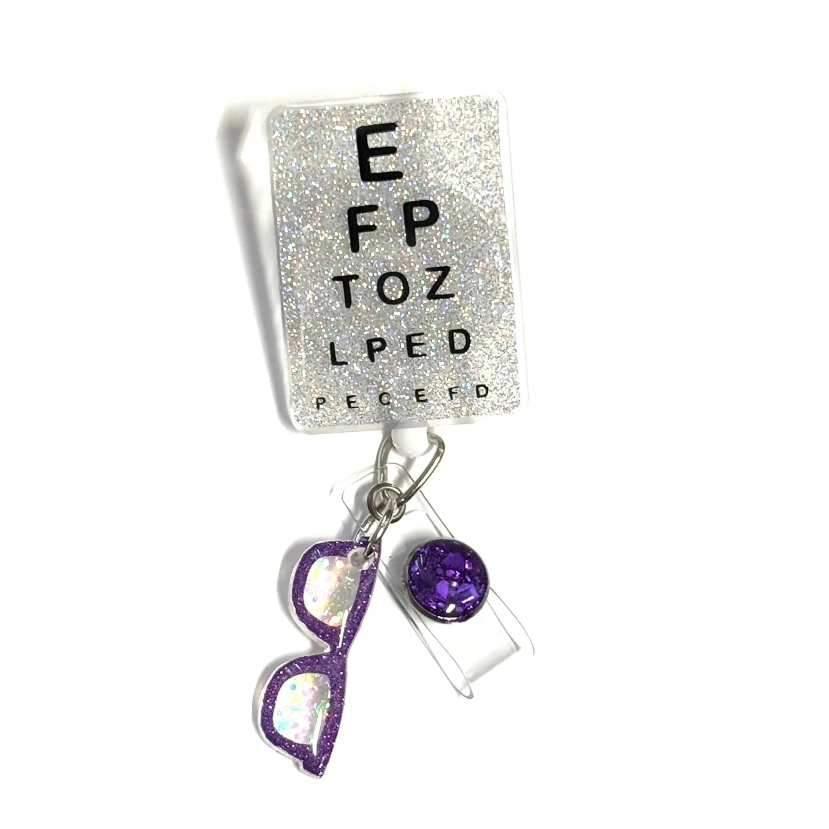 Eye Chart Badge Reel, Purple, Retractable Swivel Alligator Clip, 2”, Eyeglass charm