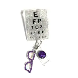 Eye Chart Badge Reel, Purple, Retractable Swivel Alligator Clip, 2”, Eyeglass charm