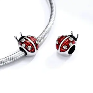 925 Sterling Silver Red Enamel Seven Star Ladybug Bead Charm
