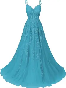 ulle Lace Applique Prom Dresses Long for Women 2023 Spaghetti Straps A-Line Evening Cocktail Party Dresses Retro Elegant V-Neck Evening Business Slim-fitting Plain