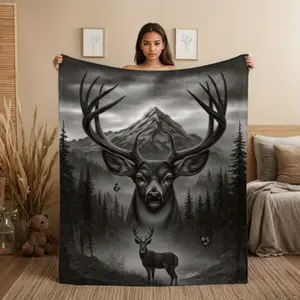Deer and Forest Wool Throw Blanket - Black and White Pattern of Deer and Pine Trees, Soft and Comfortable Seasonal Lightweight Bedspread, Suitable for Sofas, Beds, Camping, etc. Perfect Christmas Gift