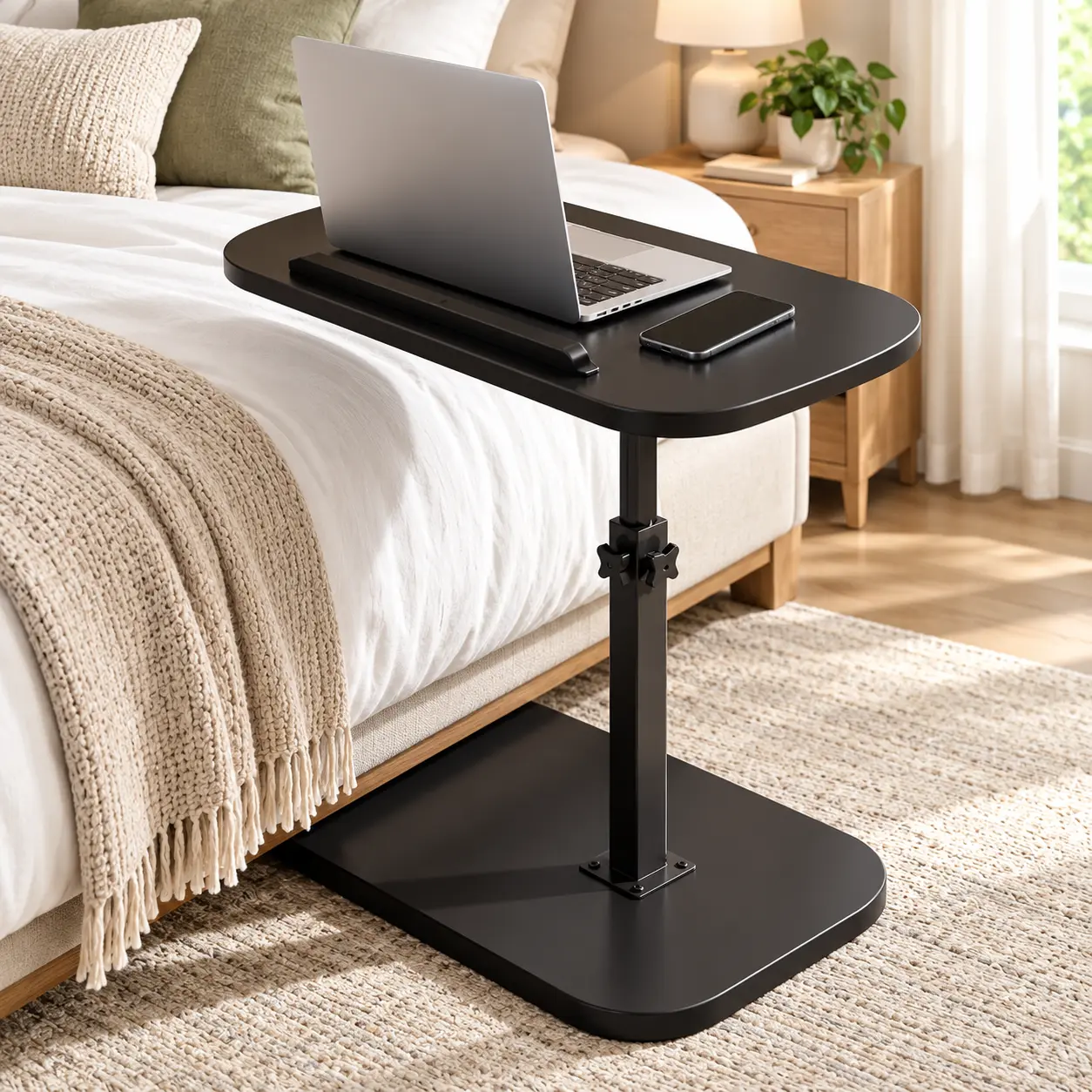 Height Adjustable C-Shaped Overbed Table with 360° Rotating Top - Desk for Bedroom, Laptop Side Table for Bed & Sofa, Black or Wood Grain Finish, Rotates 360°