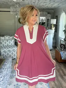 Berry Linen Contrast Trim Short Sleeve Dress