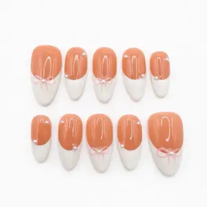 Press On Nails French tip pink bow Design Handmade Set with 10 Nails Adhesive Tabs Glue File Cuticle Stick and Prep Pads