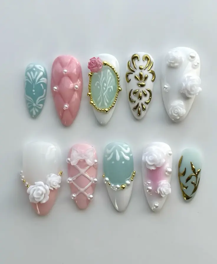Bridgerton Regency Rose Press On Nails | Handmade 3D Pearl Nails | Gold Frame Floral Nail Art | Luxury Romantic Almond Press-On Nails with Gift Set (Adhesive Tabs, Nail File, Cuticle Stick)