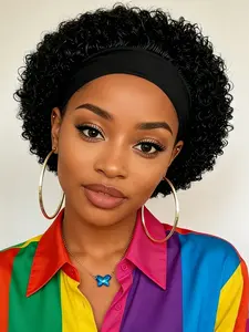 Short Curly Headband Wig Human Hair Wig Curly Bob Wig Suitable for Women Daily Use, Stylish and Comfortable, Perfect for Everyday Wear, Kinky Curly Wigs