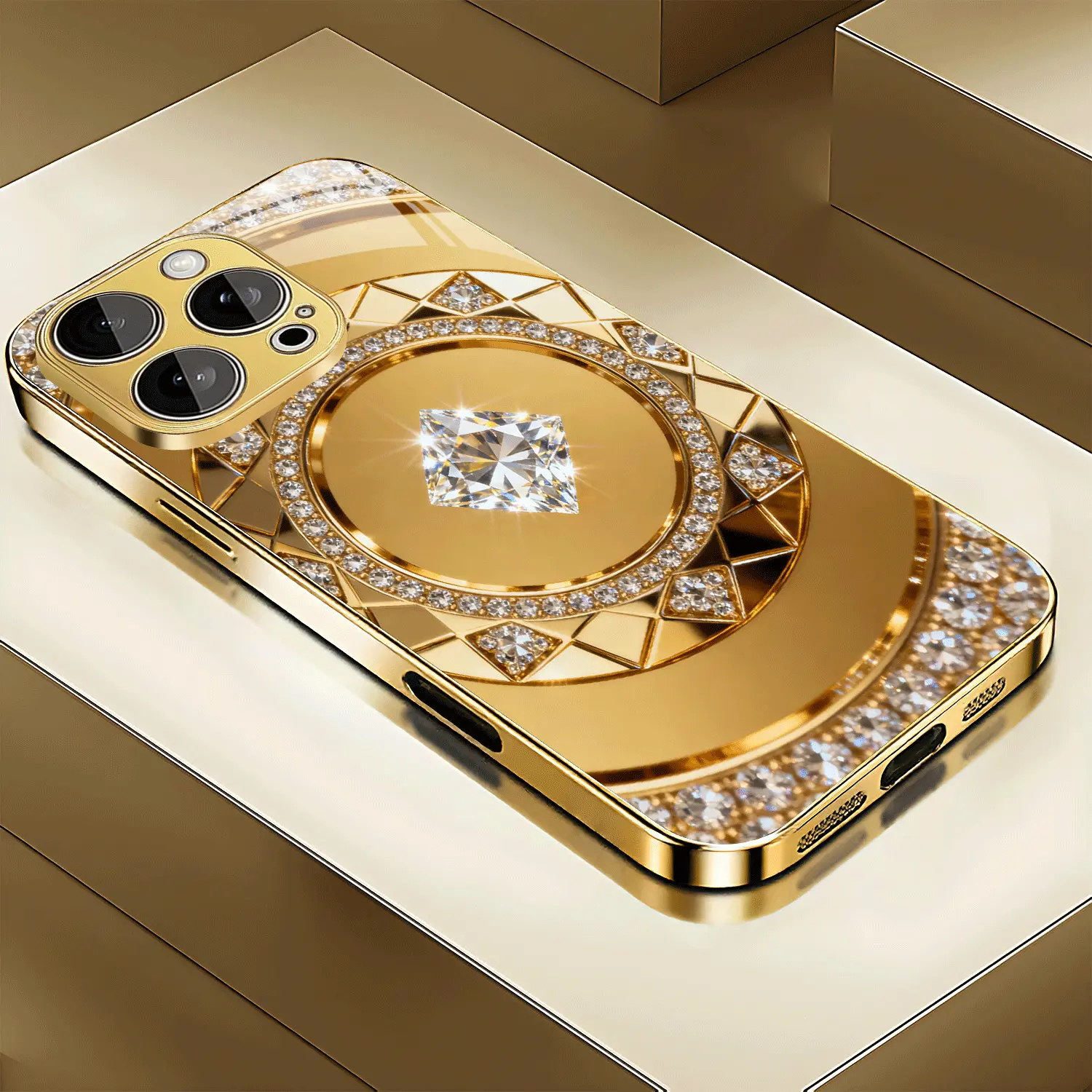 Luxury Gold Diamond Geometric Concentric Circles Tempered Glass Phone Case Compatible with iPhone 17/16/15/14/13/12/11, Samsung S Series and A Series; Tempered glass protective case, electroplated finish, full-body protection, phone case,