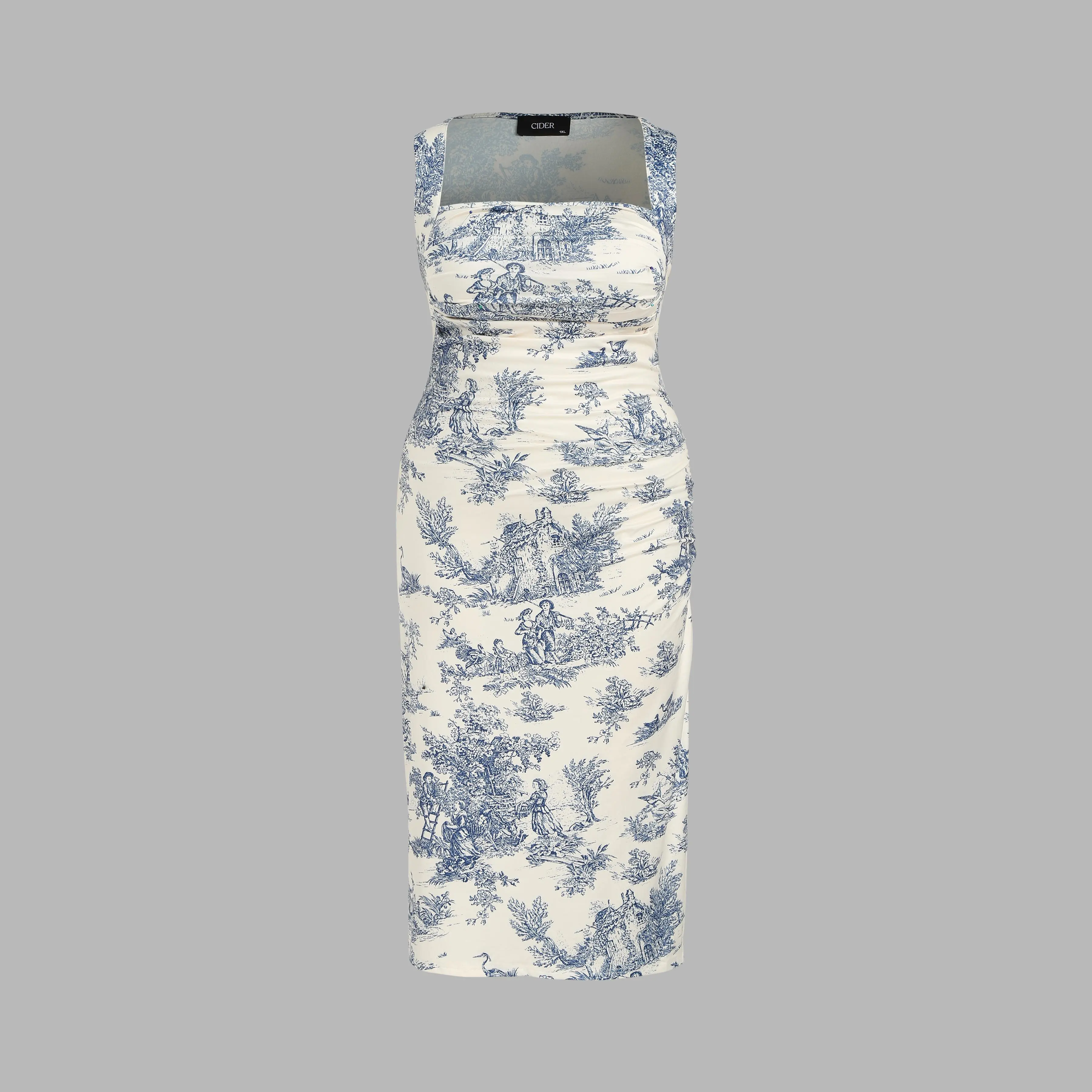 Cider [4 colors, size 0-26] Toile de Jouy Ruched Split Maxi Dress Curve & Plus, Elastane, All Over Print, Bodycon, Fitted