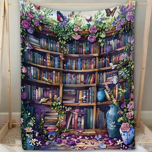 Rocky Style Bookshelf And Floral Design Soft Flannel Blanket, Comfortable For Reading Lovers Four Seasons Knitted Polyester Blanket, Multifunctional Pattern With Unique Decoration Decorative Blanket-100% Polyester Fiber