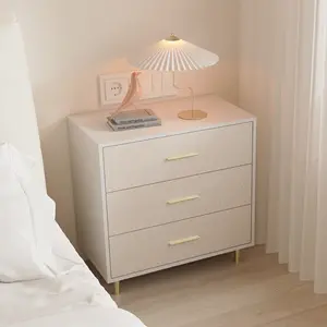 Modern 3-Drawer Bedside Table, White Wooden Nightstand with Gold Metal Handles and Sturdy Metal Legs, Slim Space-Saving Storage Cabinet Perfect for Bedroom Living Room and Entryway