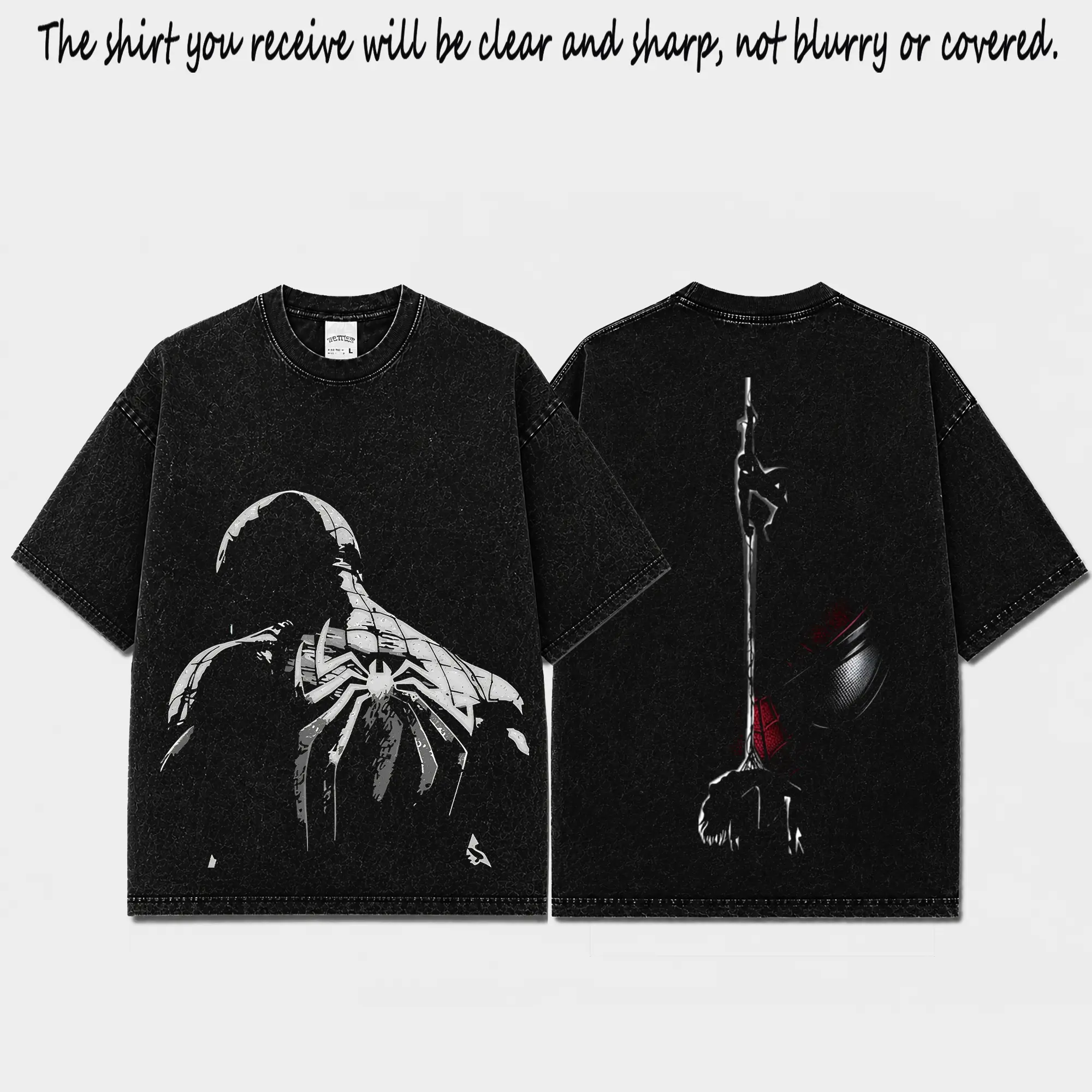 Spidey Symbiote Inspired Acid Wash Black Oversized T-Shirt, Premium Cotton Dark Spidey Logo Graphic Tee, Front Back Minimal Hero Print Shirt, Gothic Comic Streetwear Top, Gift For Fans Men Women