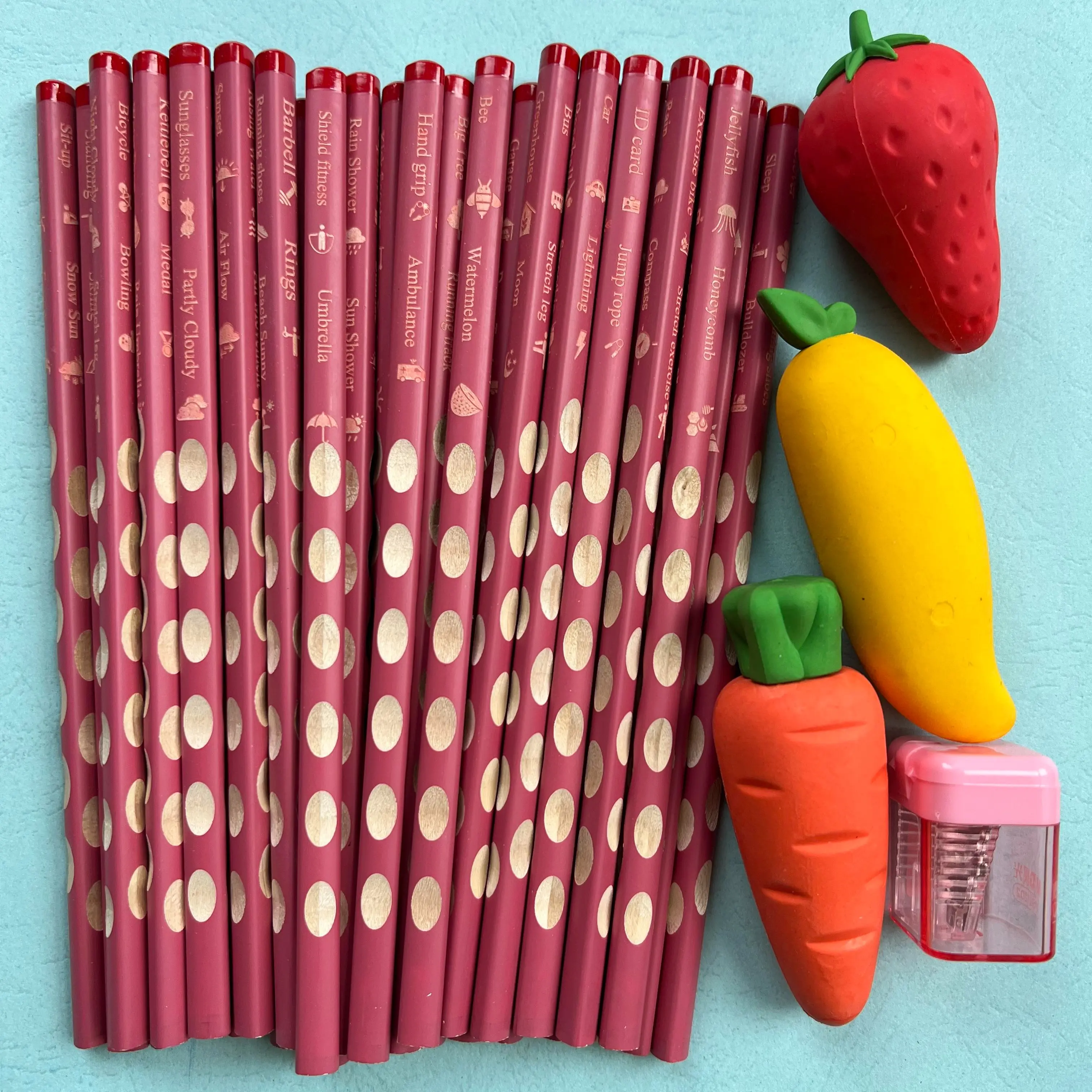 Office Stationery Set - Set Pencils (30 with Even Graphite Core, Engraved Text), 3 Oversized Fun Shapes Fruit Erasers (Watermelon, Strawberry), 1 Pencil Sharpener - Cute Look, Clean Erasing for Exams, Handwriting Practice (Students, All Ages), Cute And Fu