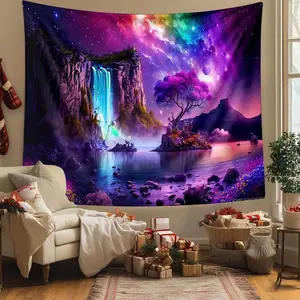 Waterfall & Starry Sky Pattern Tapestry, UV Black Light Forest Lake Large Size Peach Skin Fluorescent Tapestry, Bedroom Aesthetic Hanging Tapestry for Office Living Room Home Decor, Durable Decorative Tapestry