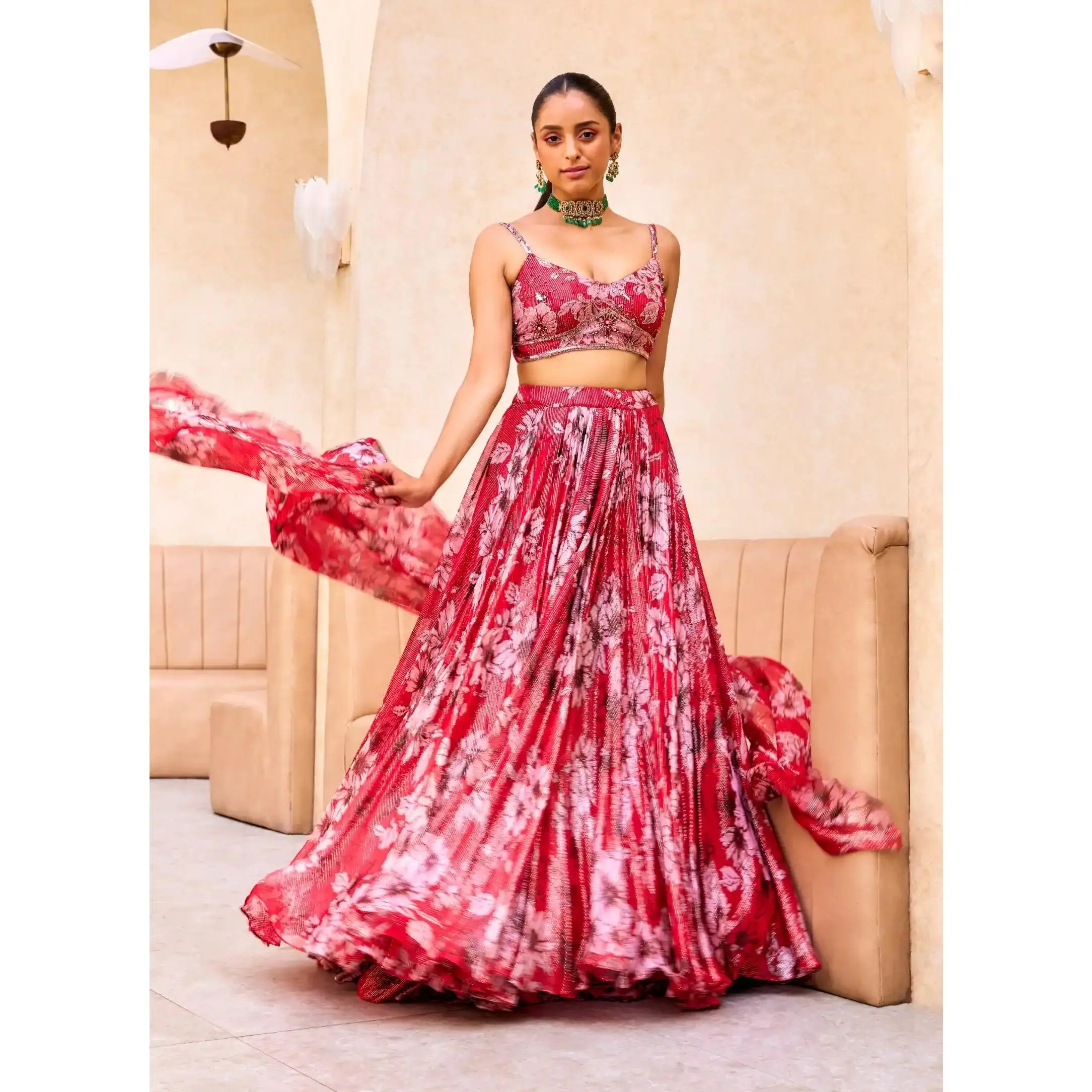 Red floral print lehenga set