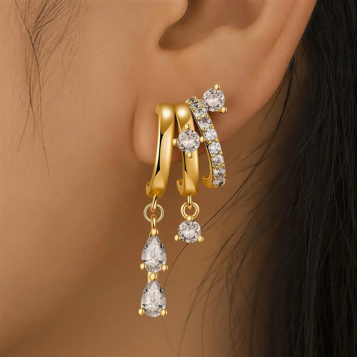 Triple Huggie Stacked Earrings for Women Gold Chain Drop Dangle Earrings Cute Statement CZ Earrings Trendy Dainty Jewelry Gift