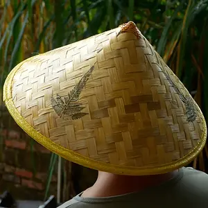 1Pc Chinese Retro Bamboo Rattan Bucket Hat, Handmade Straw Woven Bucket Hat, Travel Rain Dance Props, Tapered Fishing UV Proof Cap
