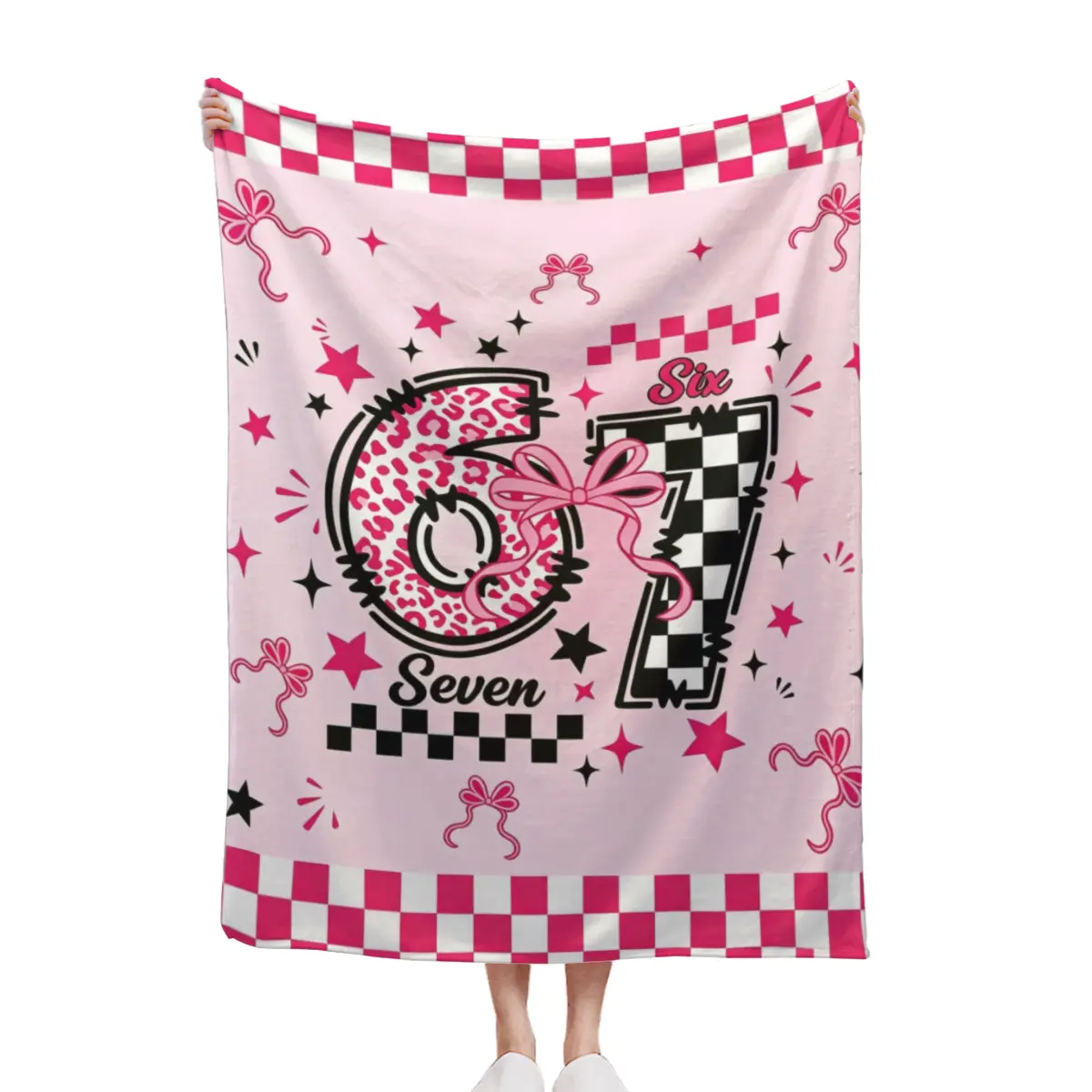 Pink Gingham Check Number 61 Throw Blanket, Preppy Coquette Custom Number Fleece Blanket, Personalized Birthday Gift Blanket