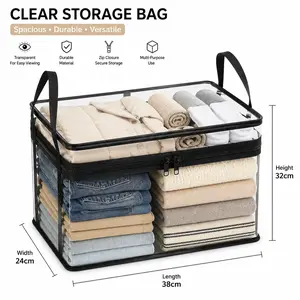 Heavy Duty Clear Storage Bag with Zipper, Foldable Clothing Organizer for Blankets, Bedding, Towels and Seasonal Items