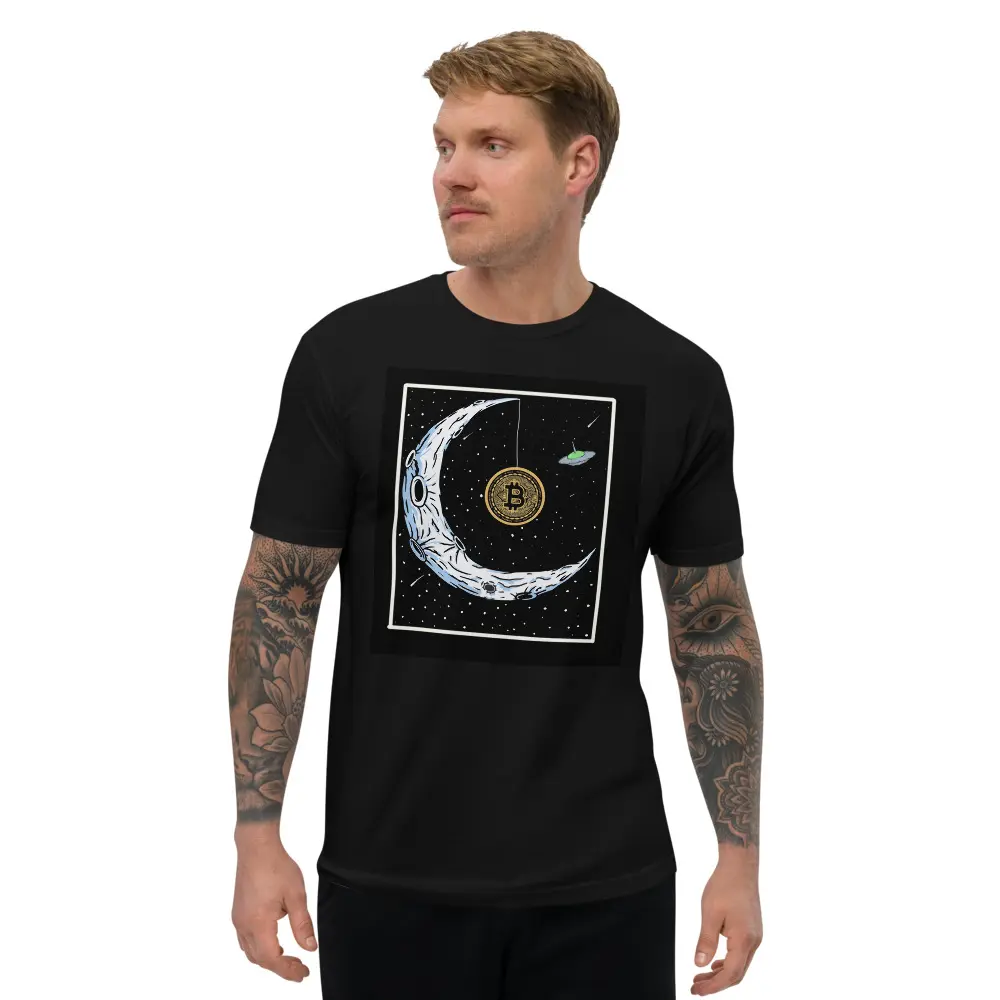 Bitcoin to the Moon T-Shirt - Iconic Design, Premium Quality for BTC Enthusiasts, Moon-Hanging BTC Tee - Celestial Crypto Design, Premium Cotton, Unisex, Bitcoin on the Moon  T-shirt