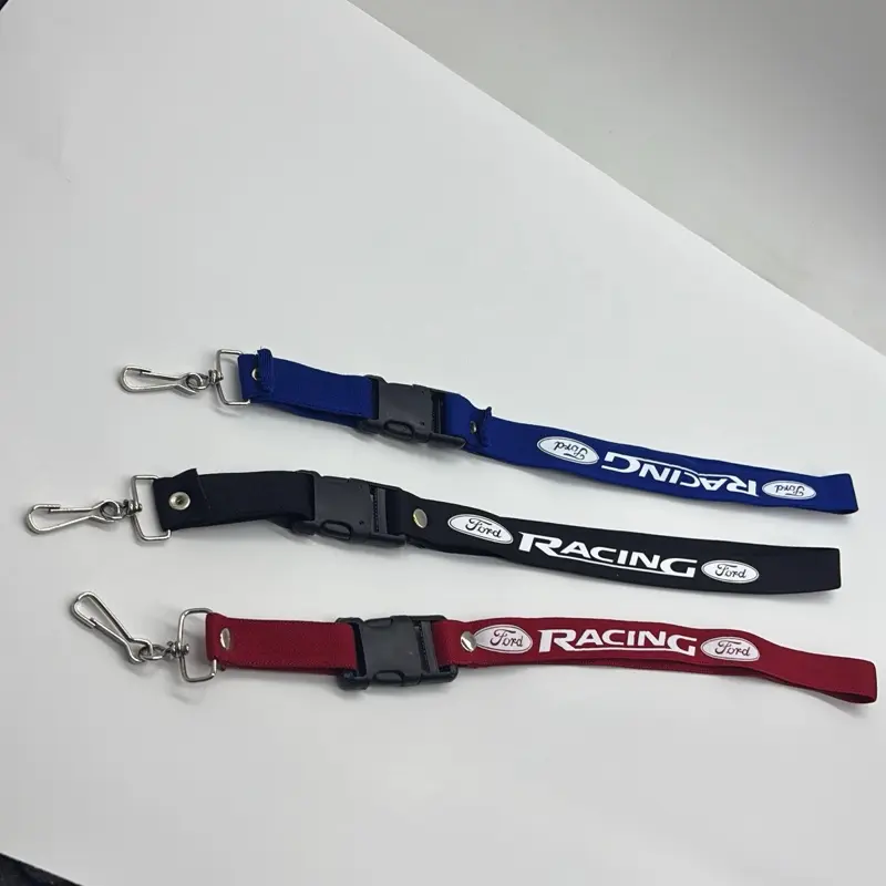 Ford Racing lanyards available in blue, black, and red. They feature a detachable quick-release buckle and a metal carabiner to secure keys or ID badges.
