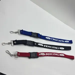 Ford Racing lanyards available in blue, black, and red. They feature a detachable quick-release buckle and a metal carabiner to secure keys or ID badges.